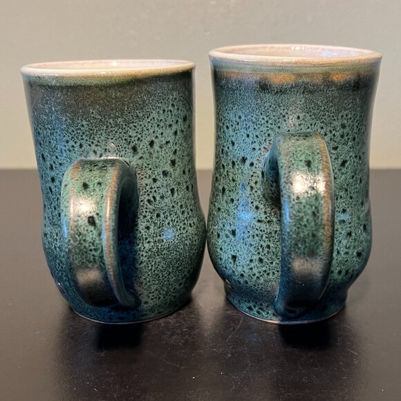 Pair of Handcrafted Green Glaze CS Pottery Mugs w/ Large Black Speckles - Picture 4 of 13